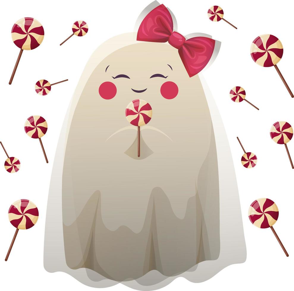 Cute ghost girl for kids, for Halloween with lollipops and bow vector