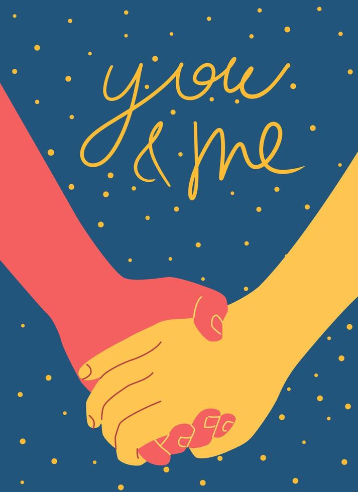 Couple holding hands with text you and me for holiday valentines day retro banner card vector