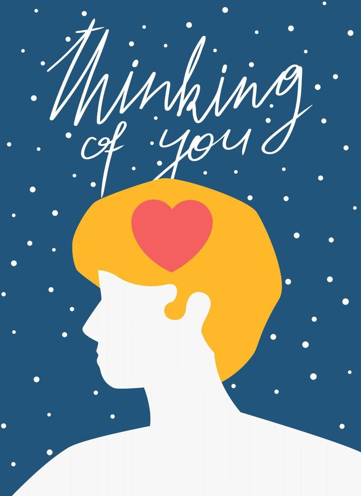 Man up close minimalistic style with heart in head with lettering thinking of you flat romantic poster for valentines day vector