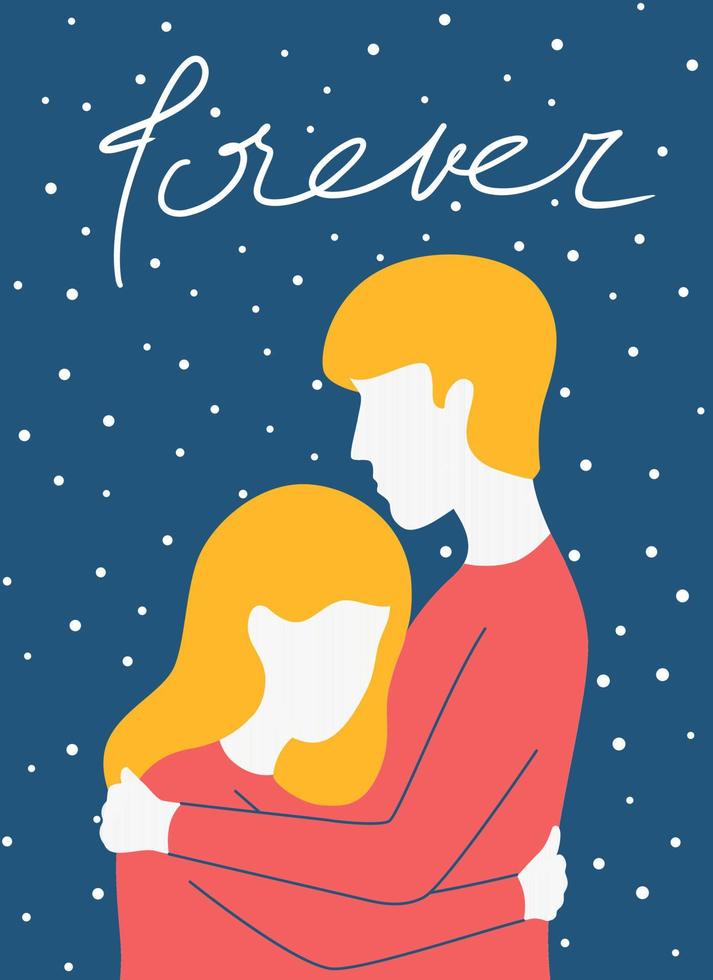 Cute couple hugs on stars dots background with forever lettering, template postcard valentines day vector