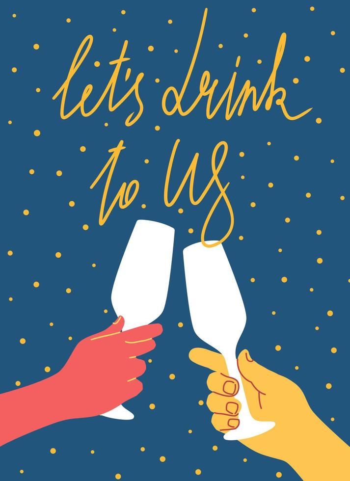 Two hands with glasses of champagne postcard template design for holiday valentines day or women day vector