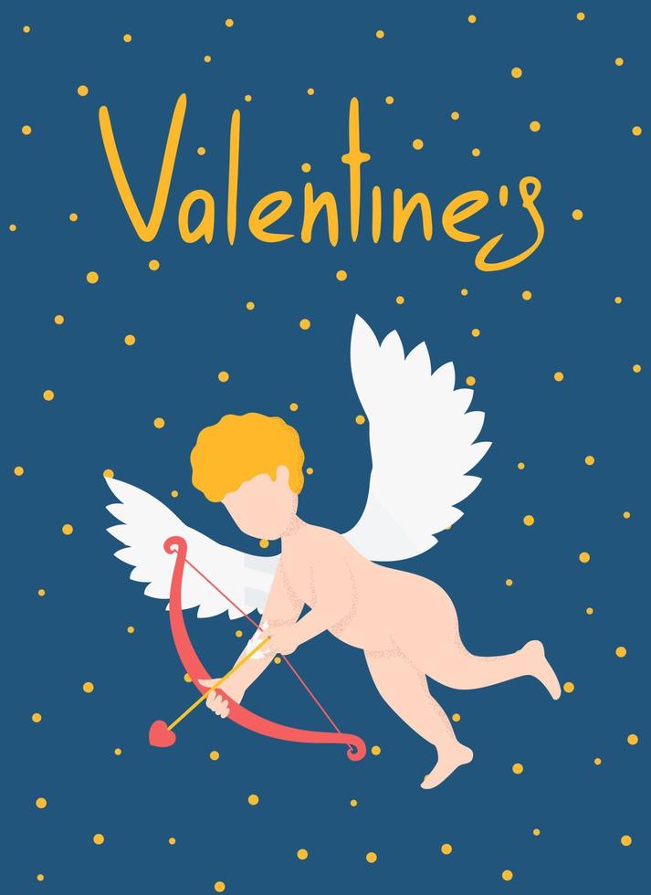 Cupid with bow and arrow flies. Valentines day poster, flayer or brochure template with lettering Valentines and cupid kid vector