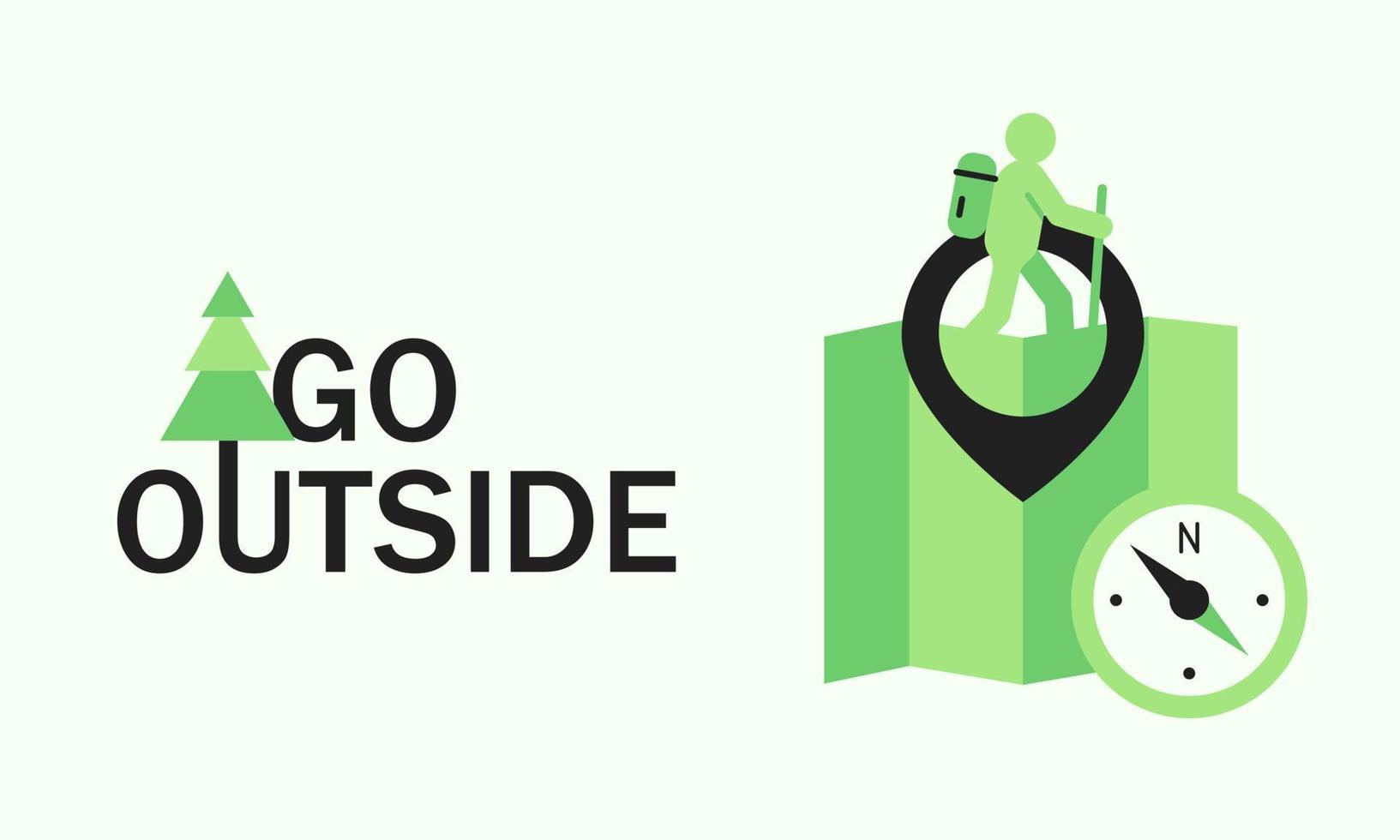 salga al exterior con un árbol y un excursionista con mochila en el mapa y la brújula. concepto al aire libre y viajes banner de estilo de vida saludable vector