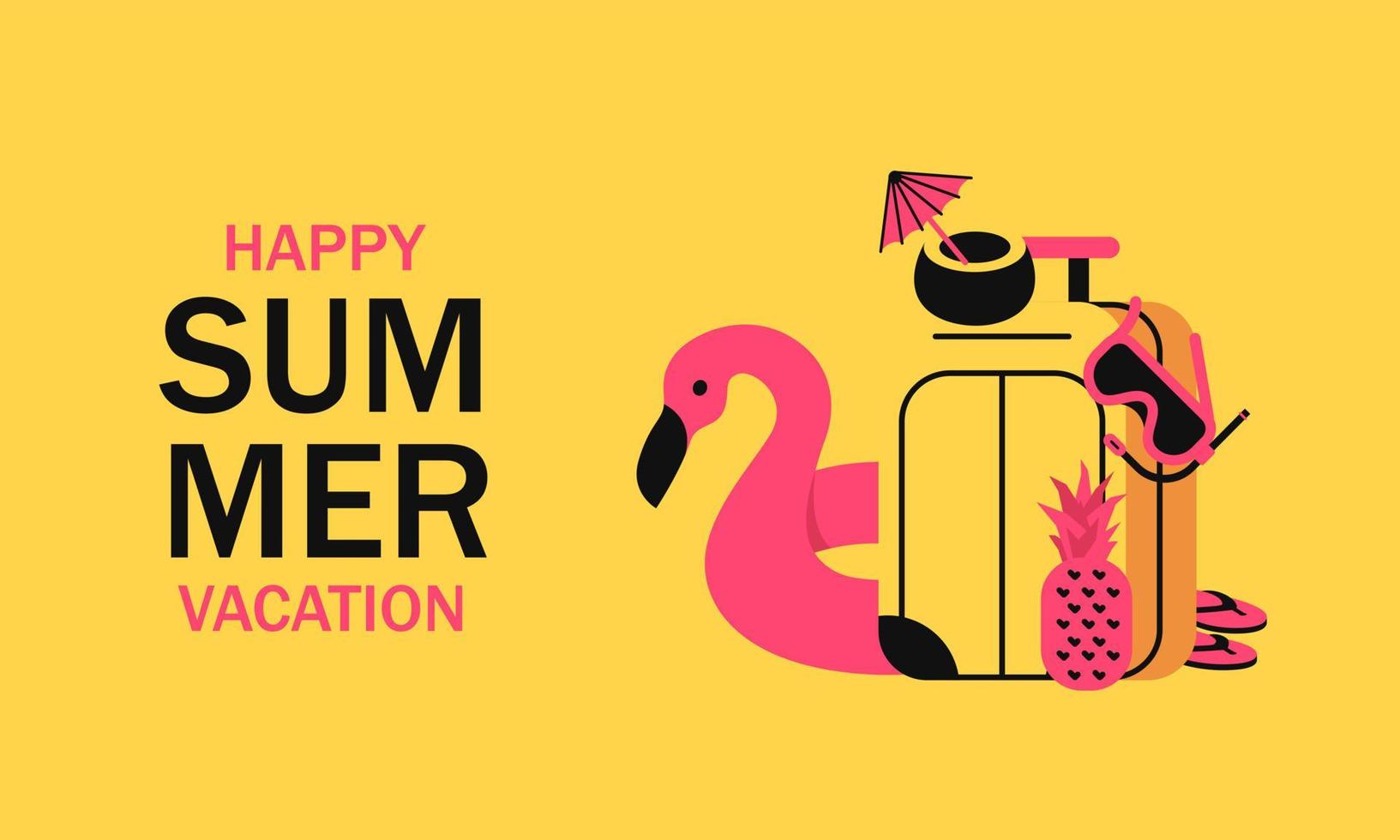 Summer vacation with travel suitcase, inflatable pink flamingo, diving mask, coconut cocktail and pineapple. Concept traveling and vacation minimalistic style with vibrant colors vector