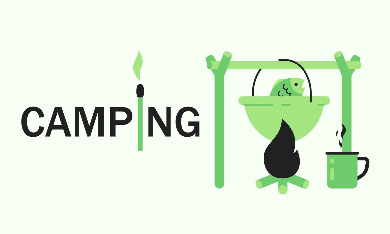 Concept camping text with match and pot with fish soup cooking on camp fire vector