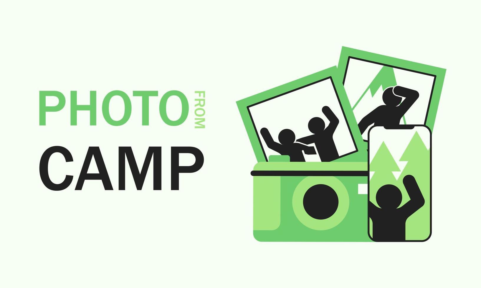 Photo from camp text with snapshots, photo on smartphone and camera. Concept photo on camera and cellphone camping, travel and outdoor banner vector