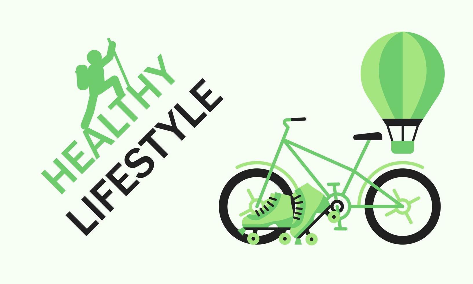 Bicycle, rollers and balloon for sport. Concept heathy lifestyle with a climber on text vector