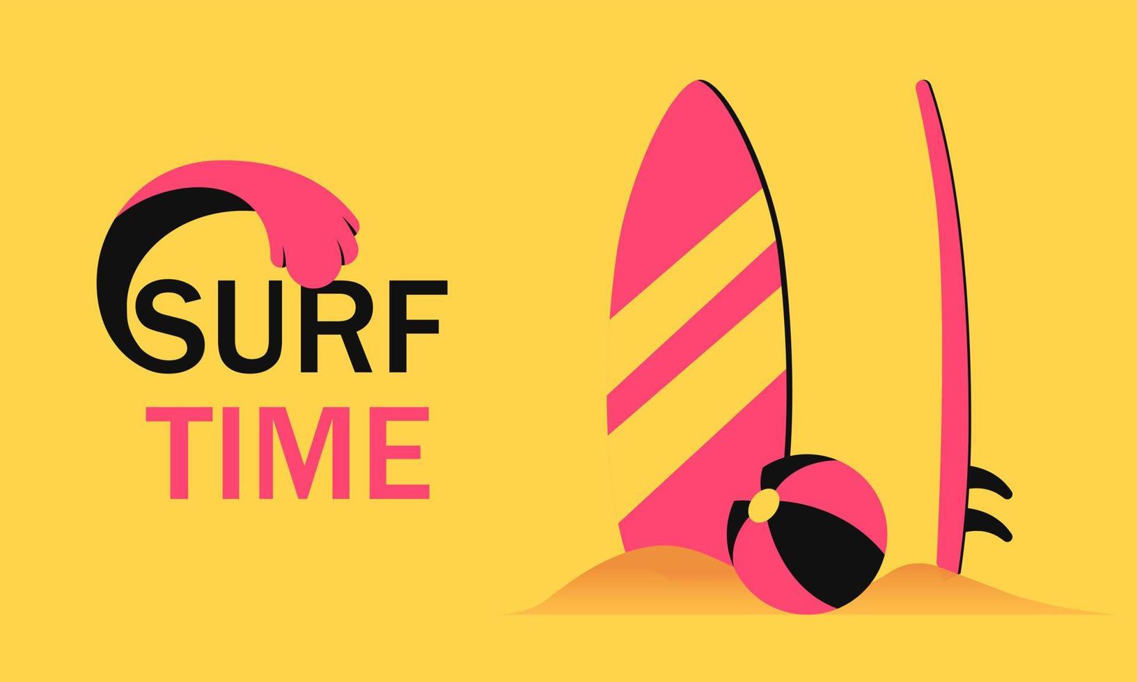 Surf time concept with surfboard in sand and ball banner. Concept summer vacation with surfing vector