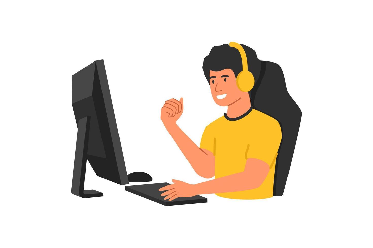 los jugadores juegan en videojuegos en línea, en los auriculares y con el mouse y el teclado de la computadora felices de ganar. concepto de dibujos animados de esport de jugador profesional vector