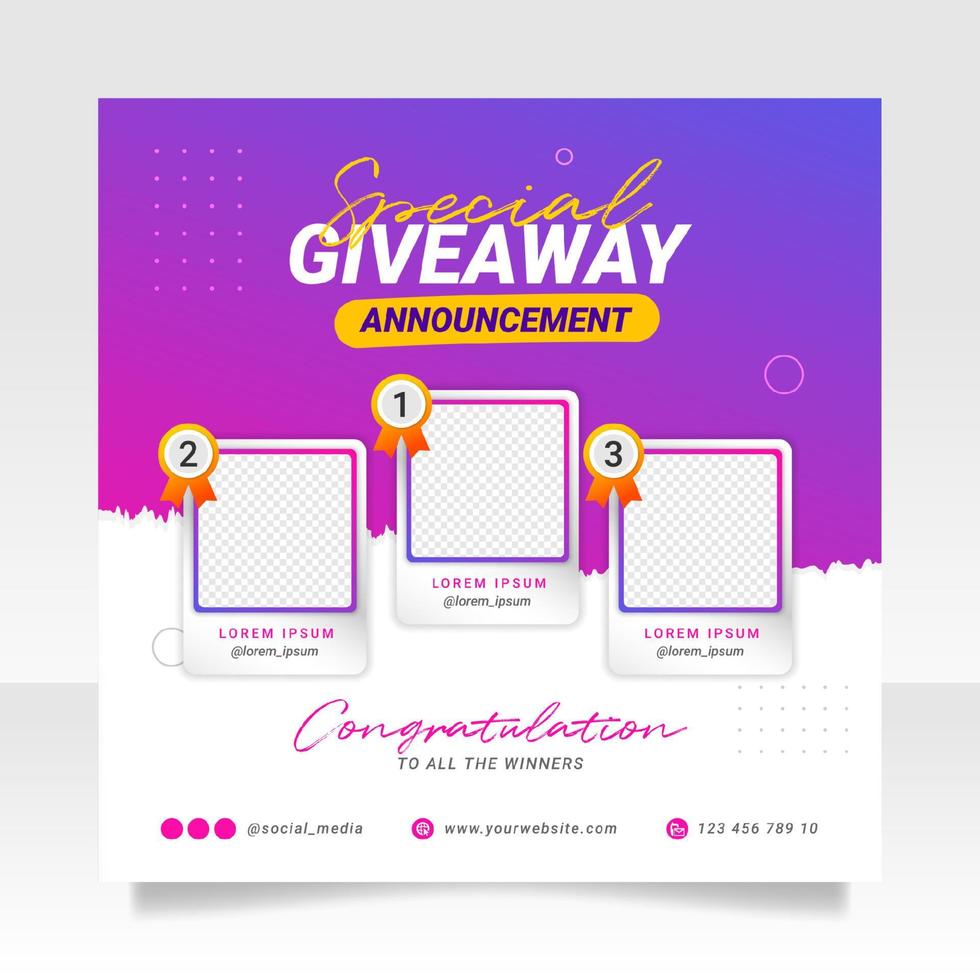 Giveaway winner announcement social media post banner template vector