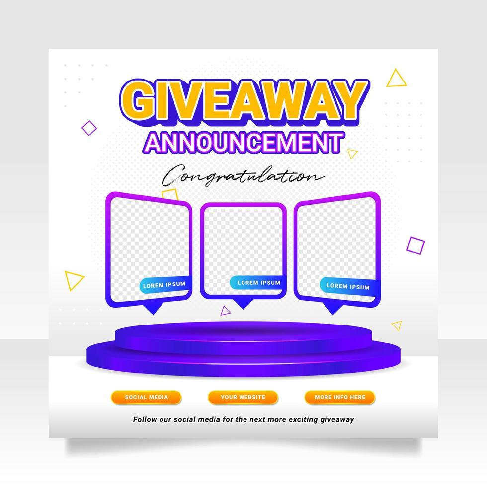 Giveaway winner announcement social media post banner template vector