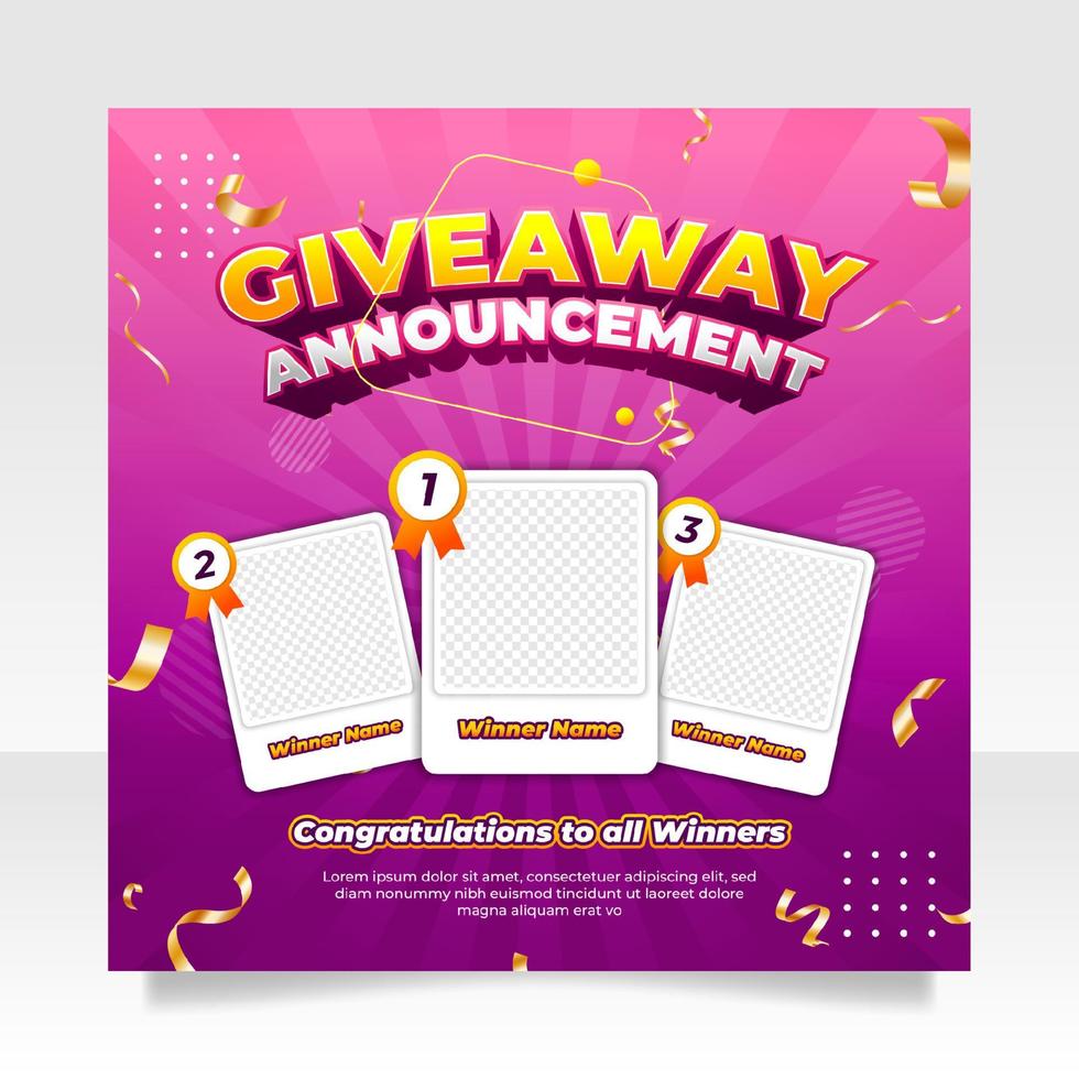 Giveaway winner announcement social media post banner template vector