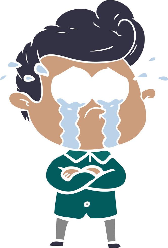 flat color style cartoon crying man with crossed arms vector