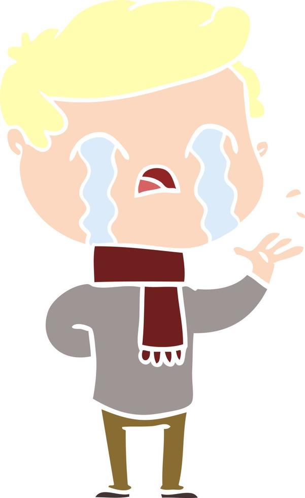 flat color style cartoon man crying wearing winter scarf vector