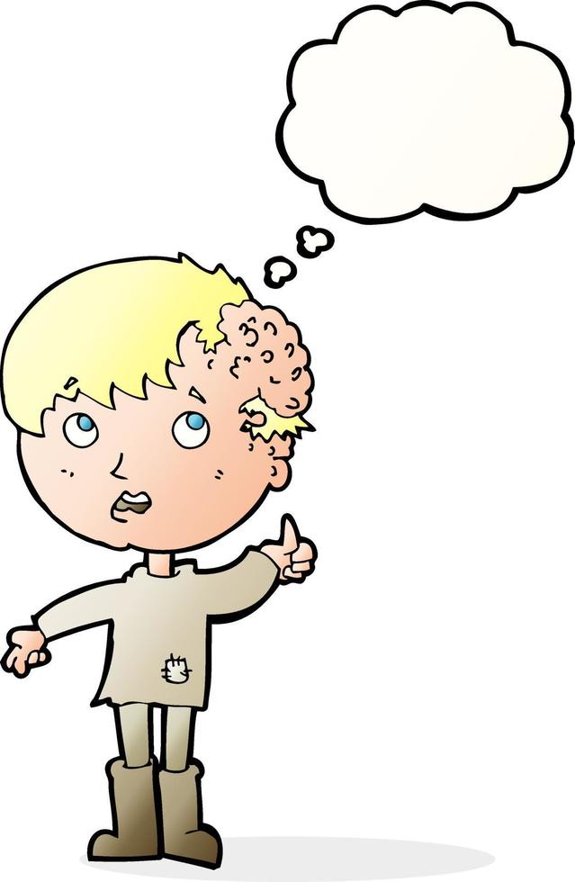 cartoon boy with growth on head with thought bubble vector