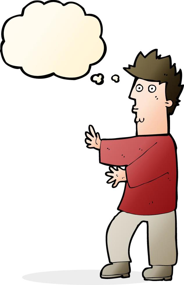 cartoon nervous man waving with thought bubble vector