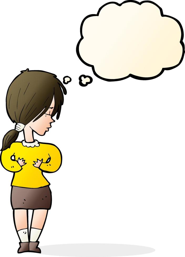 cartoon shy woman with thought bubble vector