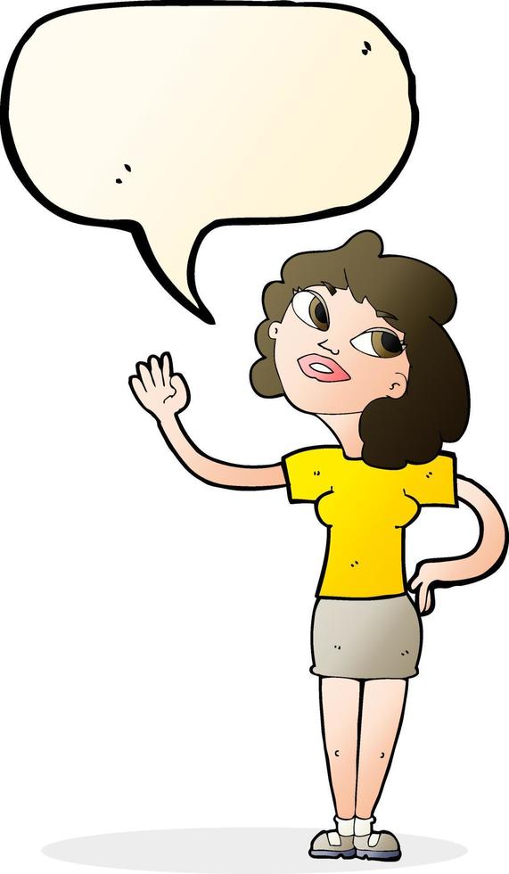 caricatura, mujer, saludar, con, burbuja del discurso vector