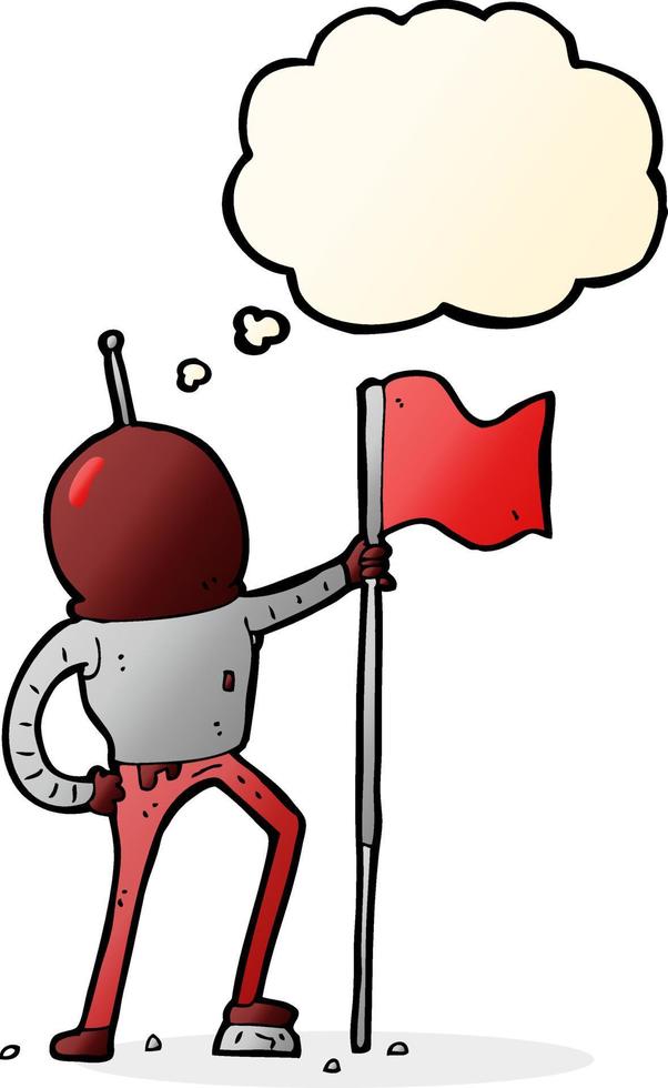 cartoon astronaut planting flag with thought bubble vector