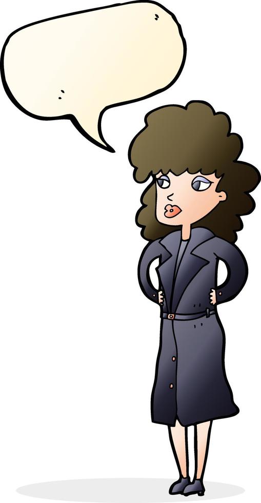 cartoon woman in trench coat with speech bubble vector