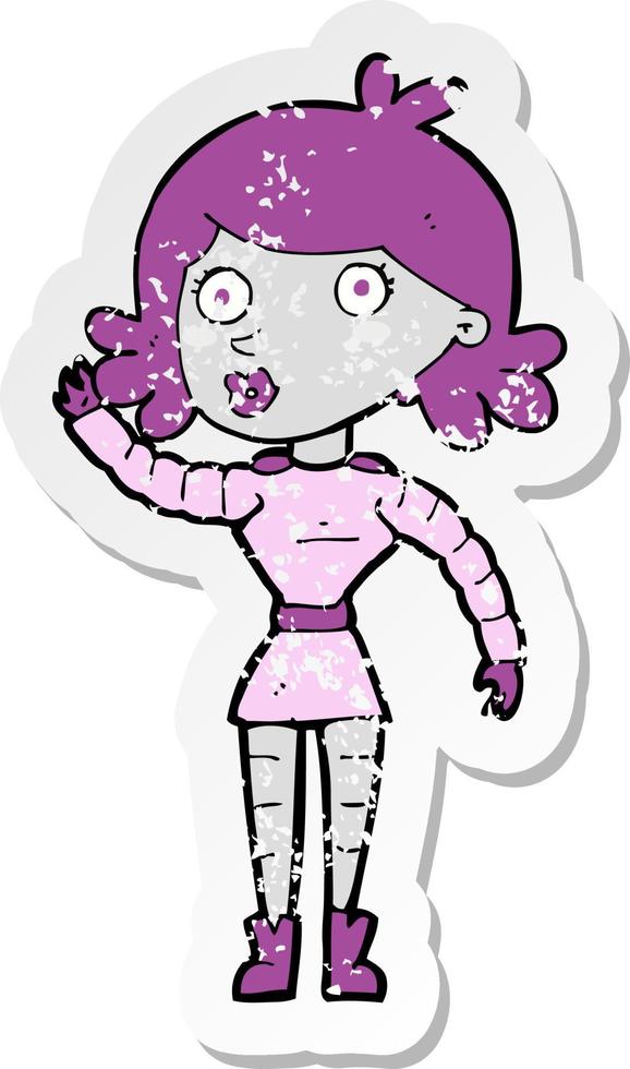retro distressed sticker of a cartoon robot woman waving vector