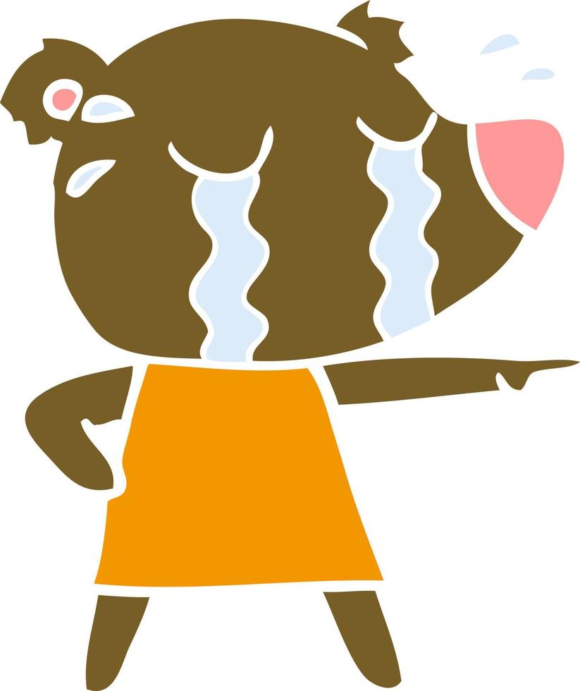 flat color style cartoon crying bear in dress pointing vector