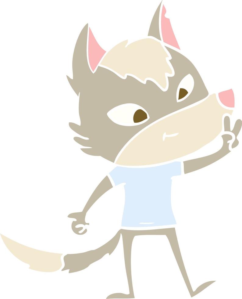 friendly flat color style cartoon wolf giving peace sign vector