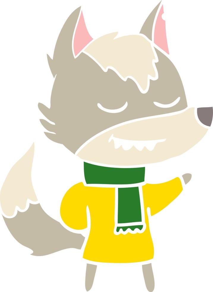 friendly flat color style cartoon wolf wearing scarf vector