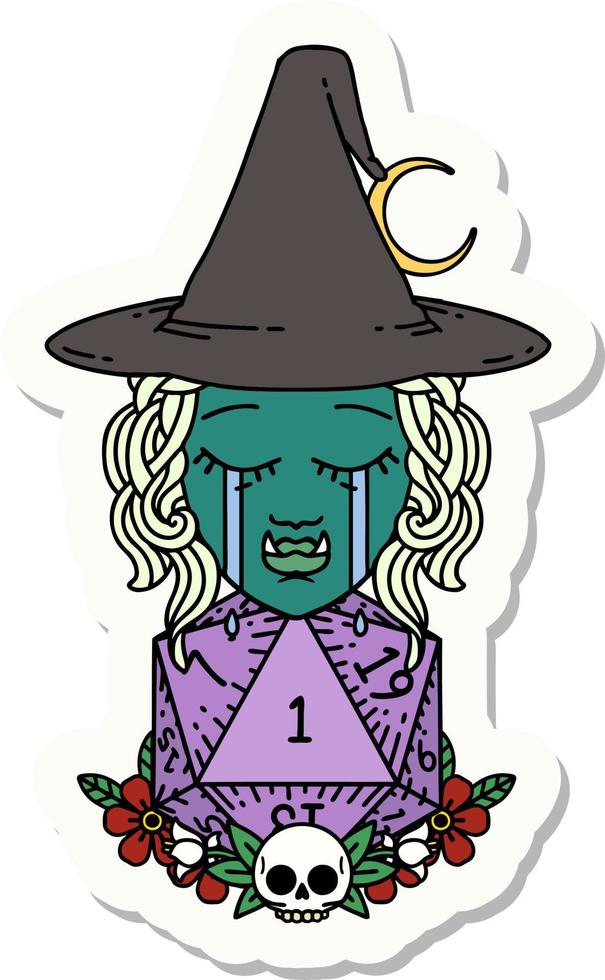 Triste personaje de bruja medio orco con una pegatina de rollo natural d20 vector