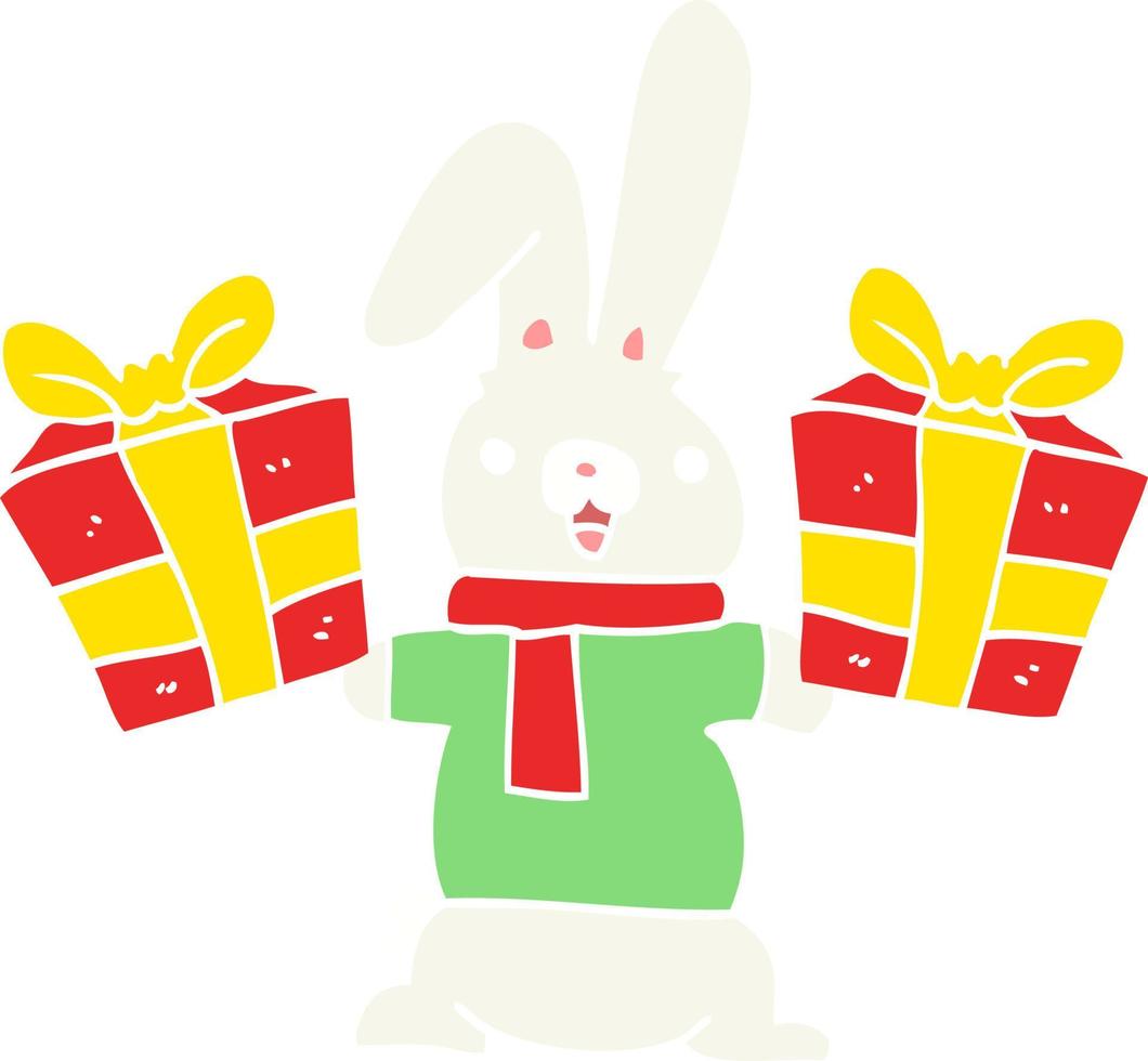 conejo de dibujos animados de estilo de color plano con regalos de navidad vector