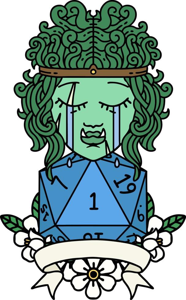 crying orc barbarian character with natural one D20 roll illustration vector