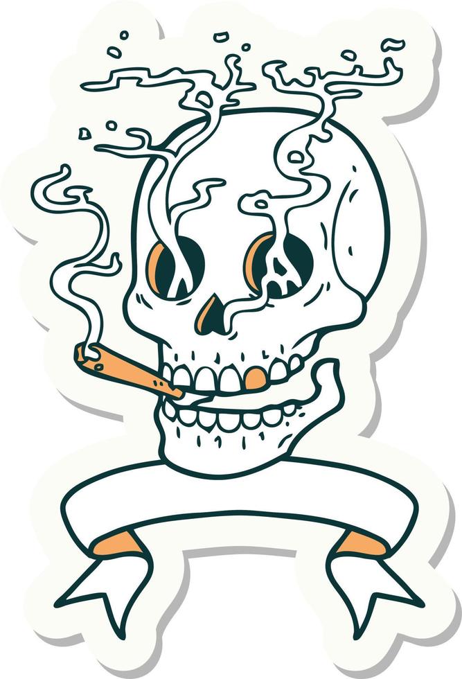 pegatina de tatuaje con estandarte de una calavera fumando vector