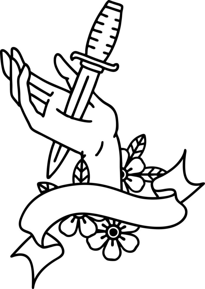 black linework tattoo with banner of a dagger in the hand vector