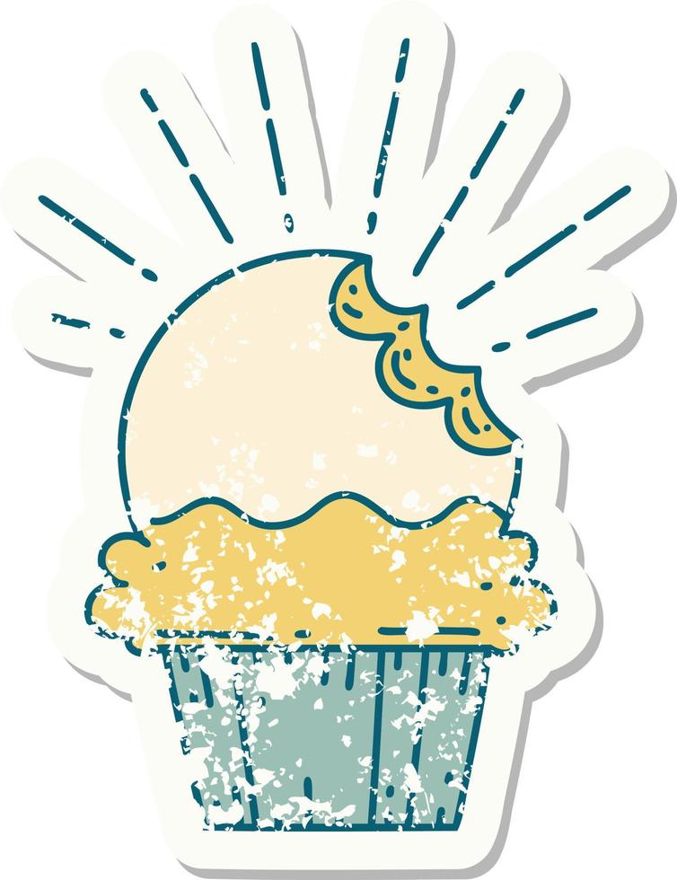 grunge sticker of tattoo style cupcake with missing bite vector