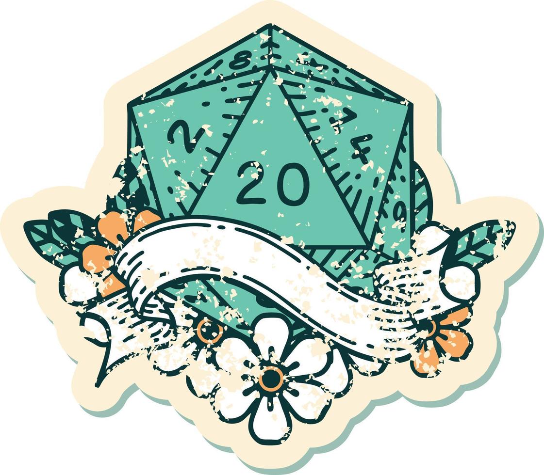 Retro Tattoo Style natural twenty D20 dice roll vector