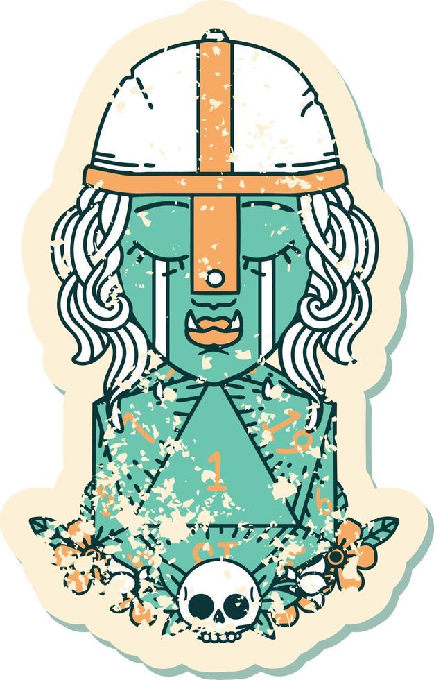 Retro Tattoo Style crying orc fighter character with natural one D20 roll vector