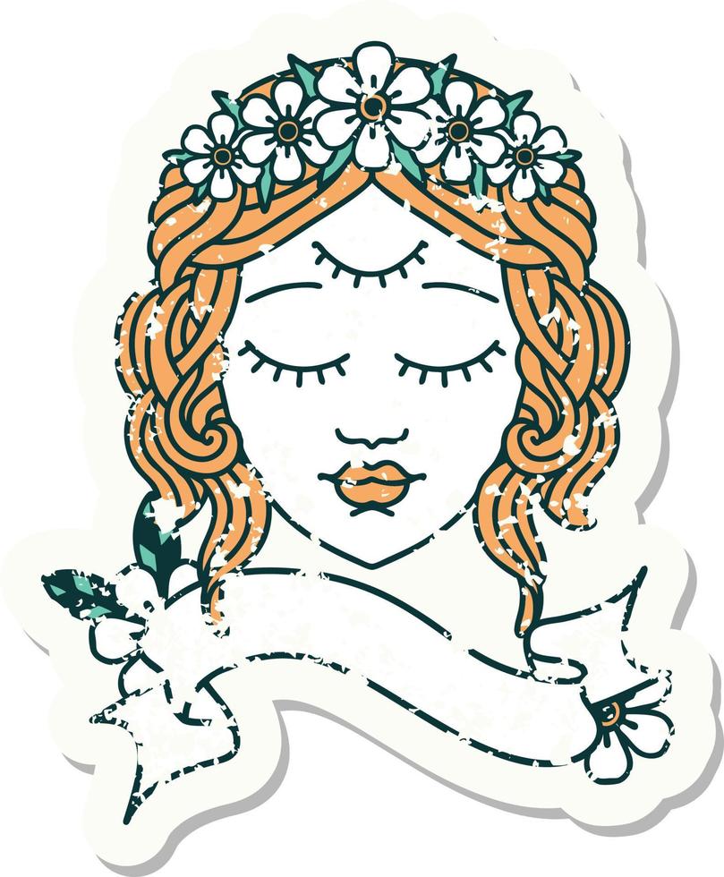 grunge sticker with banner of female face with third eye vector