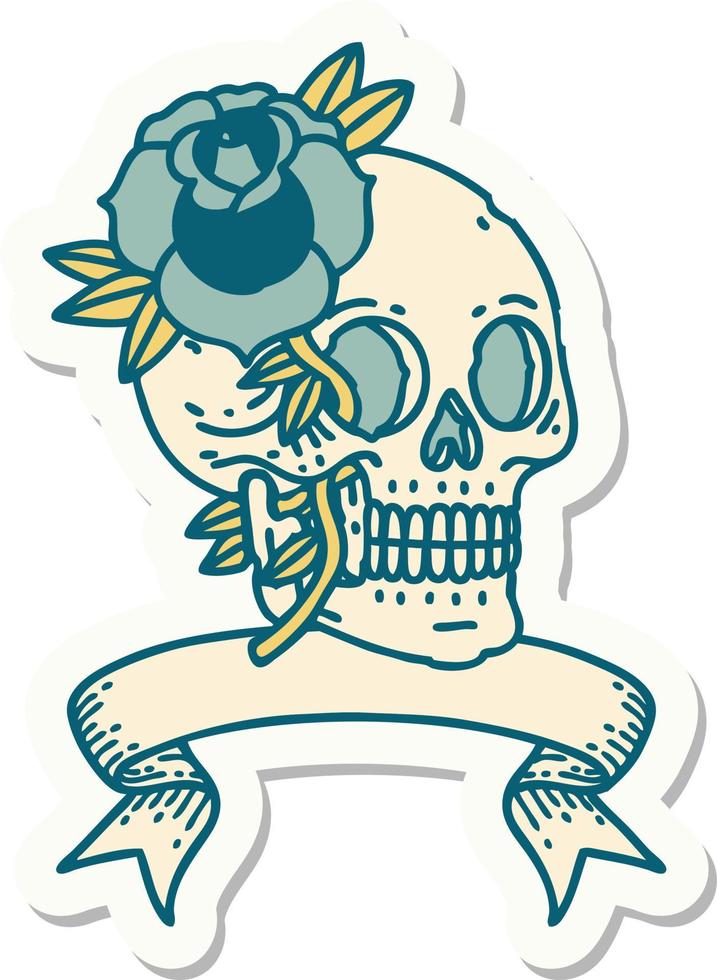 tattoo sticker with banner of a skull and rose vector