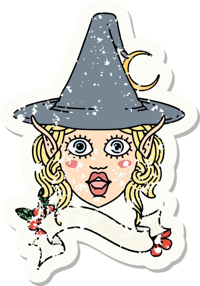 grunge sticker of a elf mage character face vector