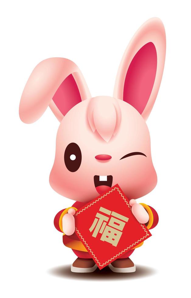 feliz año nuevo chino 2023. conejo lindo de dibujos animados con traje tradicional sosteniendo pareado chino. zodiaco conejo vector