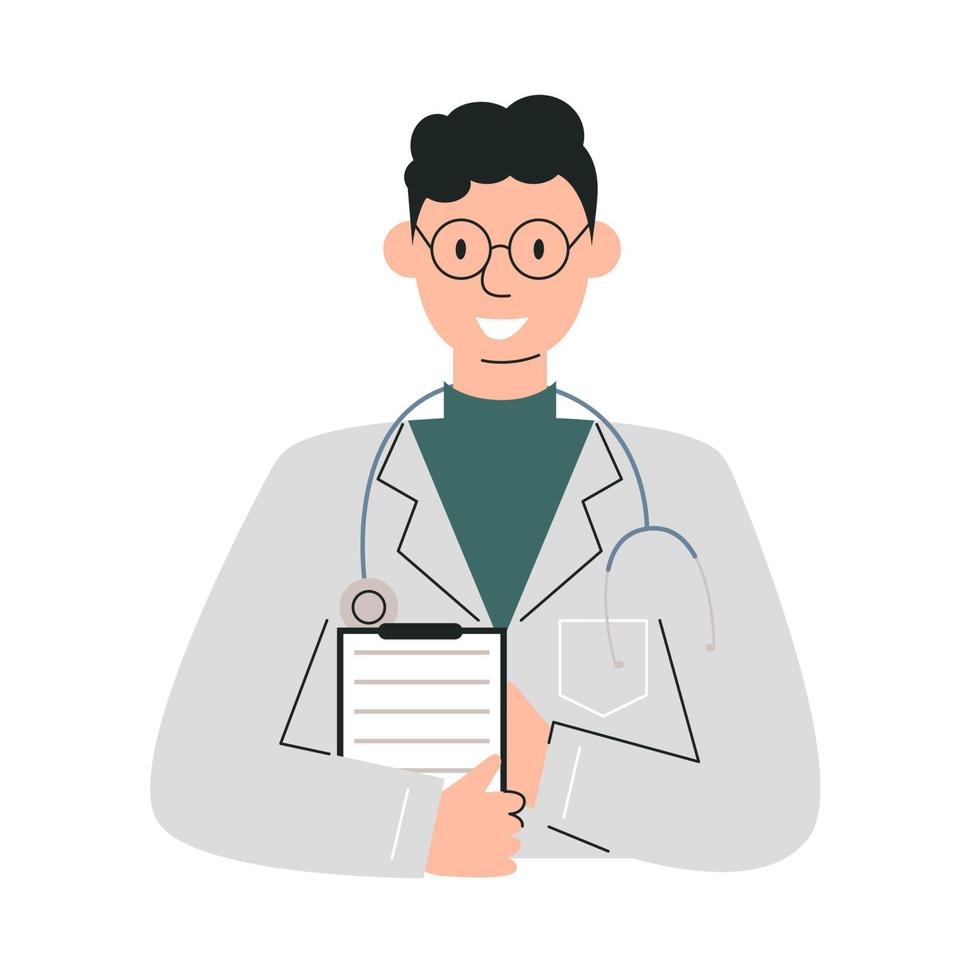 médico masculino con estetoscopio y portapapeles aislado en blanco. hombre terapeuta sosteniendo carpeta de examen. personaje médico sonriente en uniforme. trabajador de ayuda de emergencia. ilustración vectorial plana dibujada a mano vector