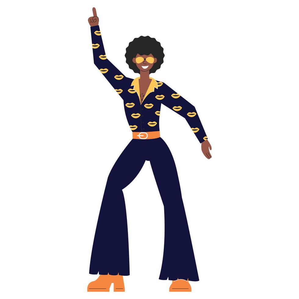 bailarín de giro de hombre afroamericano aislado en blanco. artista disco masculino con ropa al estilo de los años 70. personaje funky y maravilloso en la clásica pose disco con la mano levantada. ilustración vectorial plana dibujada a mano vector