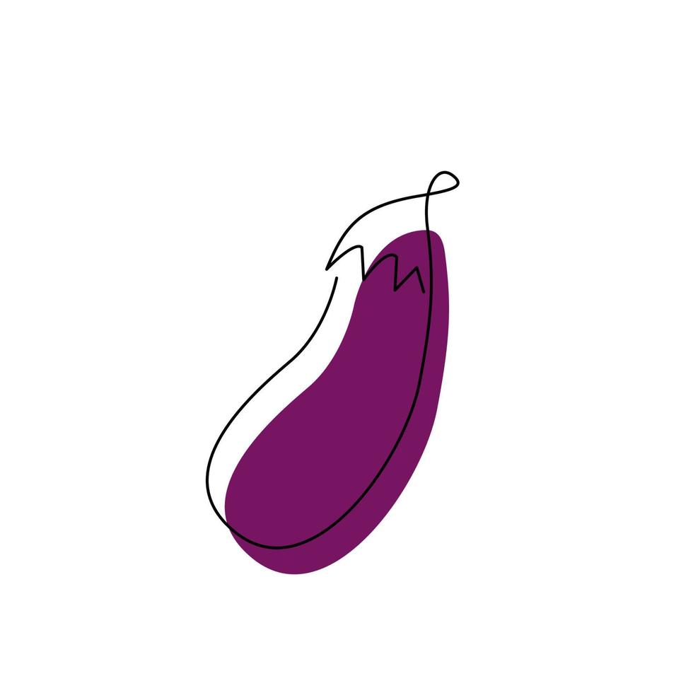 Aubergine vegetable in one line drawing style. Eggplant isolated on white. Single outline brinjal sketch and color spot. Fresh food vegan concept design. Continuous hand drawn flat vector illustration