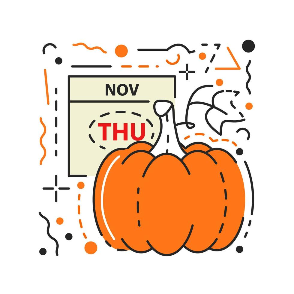 Calendar with American thanksgiving date. Ripe orange pumpkin. Farm harvest squash vegetable. Traditional thanksgiving symbols textured concept design. Hand drawn flat vector illustration isolate