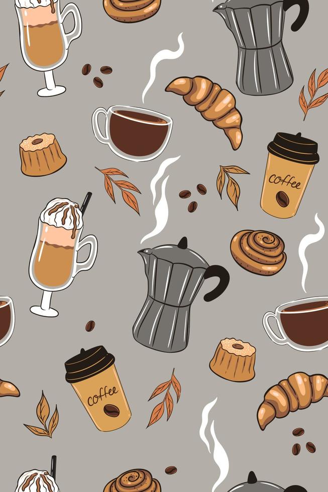 Seamless pattern with coffee and baked goods. Vector graphics.