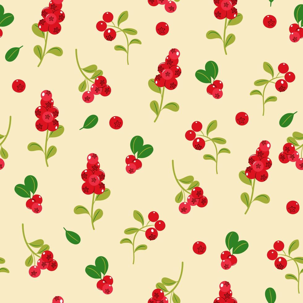 Seamless pattern with cowberry berries and leaves. Vector graphics.