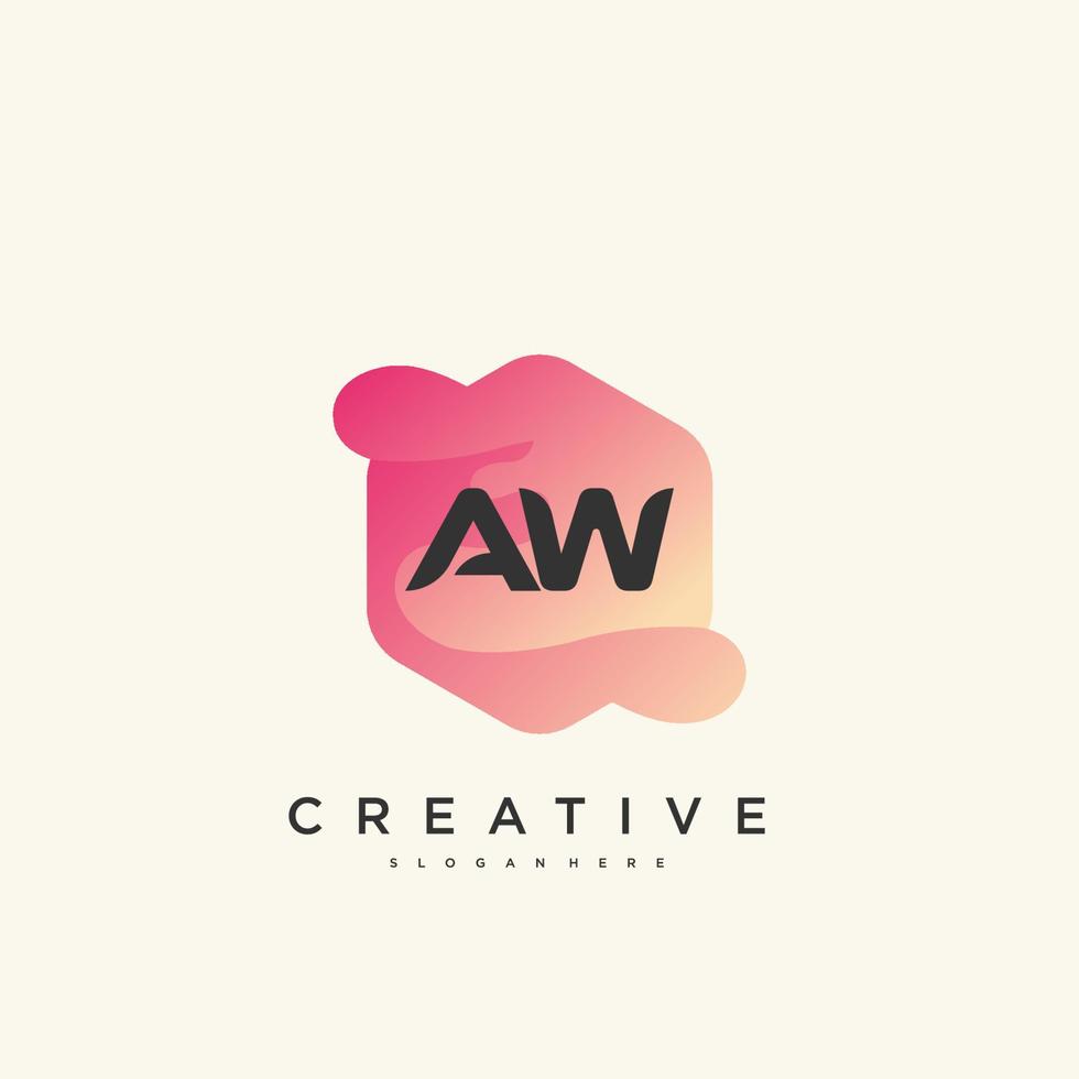 elementos de plantilla de diseño de icono de logotipo de letra inicial aw con onda colorida vector