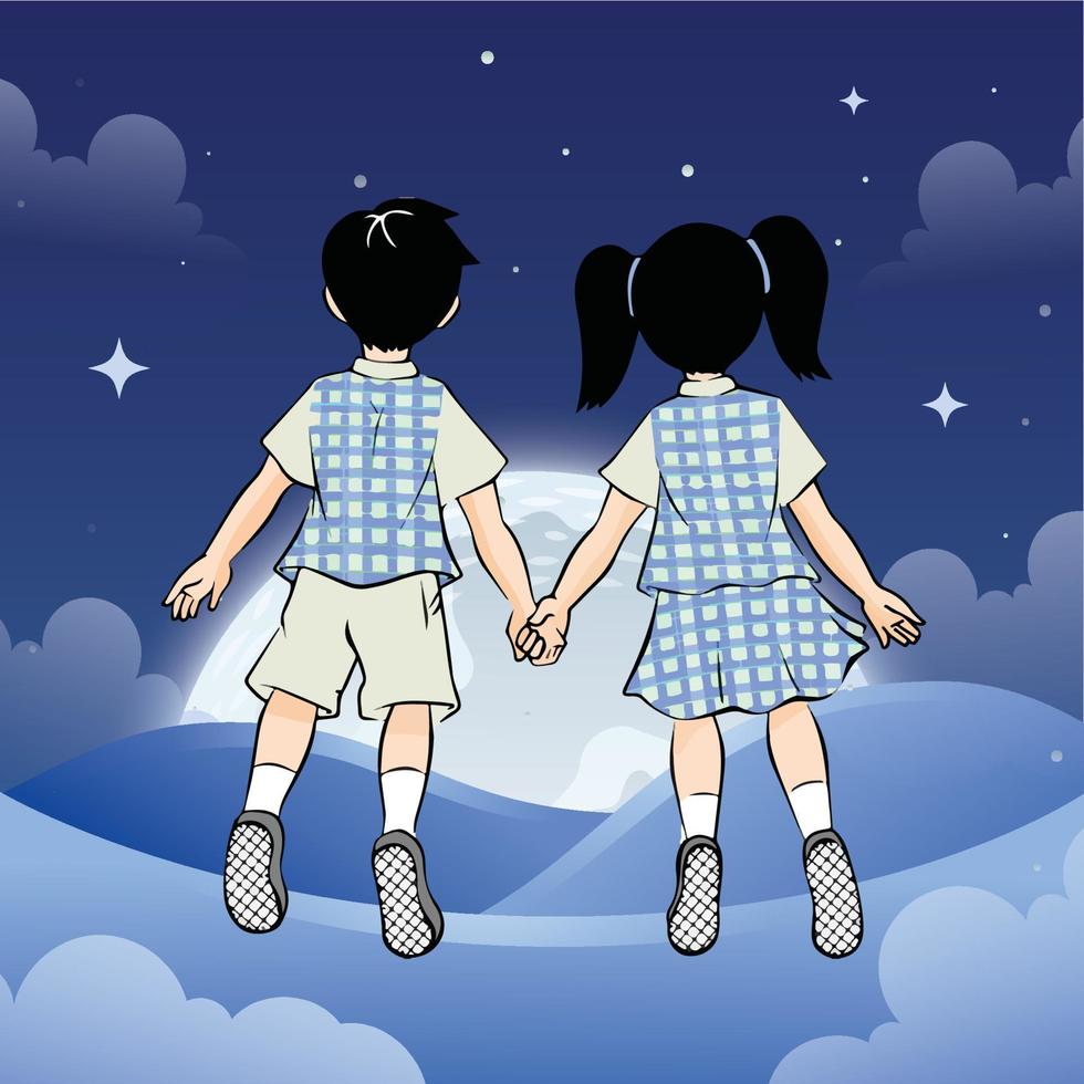 boy and girl character illustration flying holding hands in the night sky vector