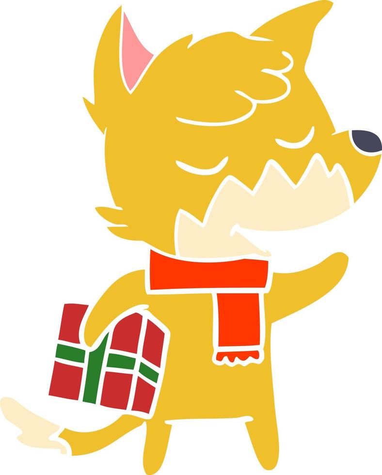 zorro de dibujos animados de estilo de color plano amigable con regalo de navidad vector