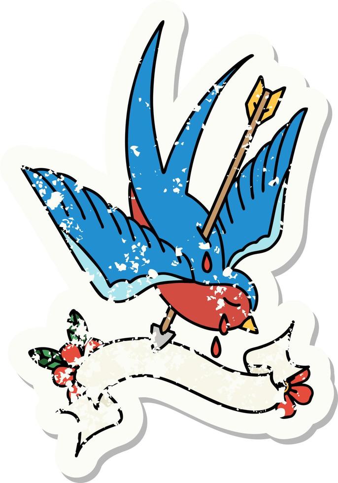 worn old sticker with banner of a swallow crying vector